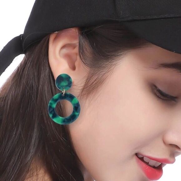 Green Marble Design Acrylic Circle Drop Earrings NWT - Picture 7 of 7